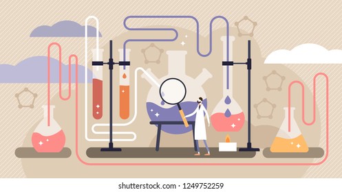 Chemistry Industry Vector Illustration. Flat Mini Science Research Persons Concept. Experimental Medicine Or Pharmacy Discovery Laboratory With Physics Test Equipment. Knowledge Learning In University