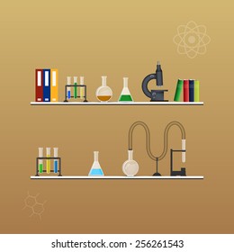 Chemistry infographic conical flasks and beakers with various chemical solutions and reactions