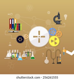 Chemistry infographic conical flasks and beakers with various chemical solutions and reactions