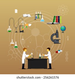 Chemistry infographic conical flasks and beakers with various chemical solutions and reactions