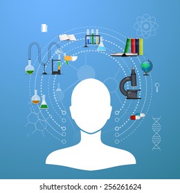 Chemistry infographic conical flasks and beakers with various chemical solutions and reactions