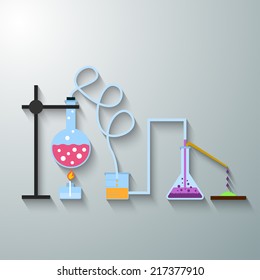 Chemistry infographics template showing various tests being conducted in laboratory glassware using colorful chemical solutions and reactions on a grey background conceptual of science and industry