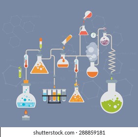 Chemistry infographics template showing various tests being conducted in laboratory glassware using colorful chemical solutions and reactions on a grey background conceptual of science and industry