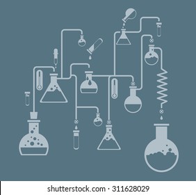 Chemistry infographics template showing various tests being conducted in laboratory glassware using colorful chemical solutions and reactions on a grey background conceptual of science and industry