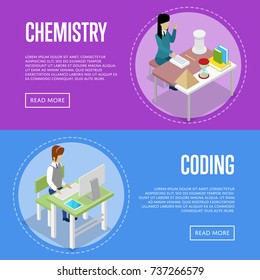 Chemistry and informatics studying at school isometric 3D posters. Young people sitting at table in classroom and doing homework. Individual education concept, student in audience vector illustration.