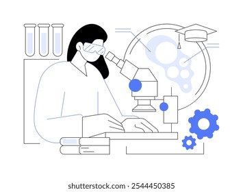 Química aislada Ilustraciones vectoriales de dibujos animados. Grupo de estudiantes de química haciendo experimentos usando microscopio en el laboratorio, educación superior, colegio comunitario, tubos de ensayo alrededor de dibujos animados de Vector.