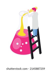 Chemistry isometric icon with scientist pouring reagent into flask 3d vector illustration