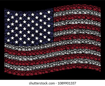 Chemistry items are arranged into waving USA flag mosaic on a dark background. Vector concept of USA state flag is combined of chemistry items. Designed for political and patriotic applications.