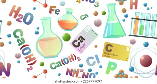 Chemistry items seamless pattern. Cartoon style. Study and production of mineral. Organic and inorganic. Parts of molecular and atomic basis. Isolated on white background. Vector.