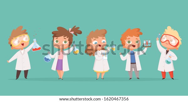 Chemistry kids. Science children school characters\
in lab vector cartoon\
people