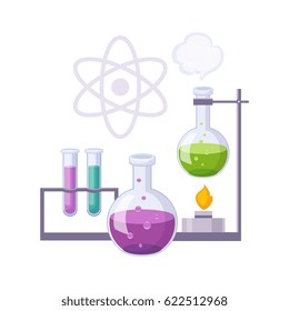 Chemistry Kit With Test Tubes And Chemicals, Set Of School And Education Related Objects In Colorful Cartoon Style