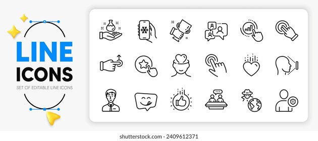 El laboratorio de Química, el Aire Acondicionado y los iconos de la línea de Seguridad para la aplicación incluyen estrella de la lealtad, gráfico de Graph, icono delgado del contorno de la cara. Cursor, Empleados hablan, como icono del pictograma de mano. Vector