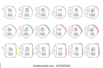 Chemistry lab, Ambulance car and Ph neutral line icons set. Infographic timeline. Mineral oil, Face cream and Eyeglasses signs. Medical laboratory, Emergency transport, Water. Organic tested. Vector