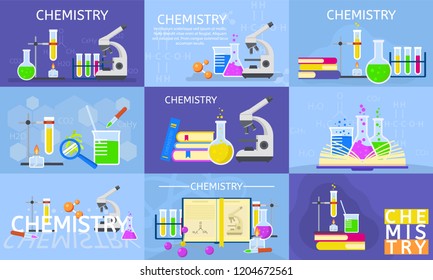 Chemistry lab banner set. Flat illustration of chemistry lab vector banner set for web design