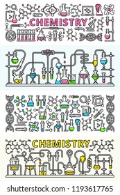 Chemistry lab banner set. Outline set of chemistry lab vector banner for web design