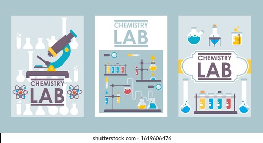 Chemistry lab banners, vector illustration. Scientific brochure cover design, laboratory booklet template. Flat style chemistry lab icons, science research symbols. Medical research analysis test