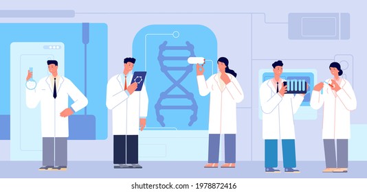 Chemistry lab characters. Researcher scientists, research in laboratory biochemistry. Medical doctor scientist with equipment utter vector concept