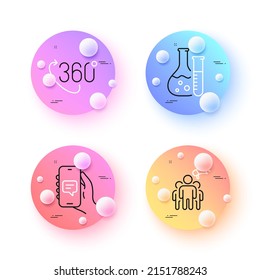 Chemistry lab, Chat app and 360 degree minimal line icons. 3d spheres or balls buttons. Brand ambassador icons. For web, application, printing. Laboratory, Smartphone message, Virtual reality. Vector