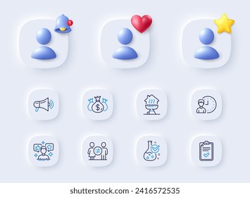 Chemistry lab, Check investment and Discrimination line icons. Placeholder with 3d bell, star, heart. Pack of Megaphone, Social media, Working hours icon. Home grill, Checklist pictogram. Vector