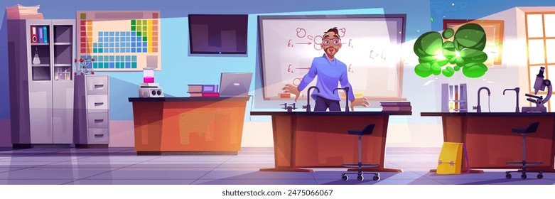 Chemistry lab classroom with teacher cartoon vector. College science class interior with table for experiment and surprised or scared professor. Crazy man scientist indoor laboratory with board