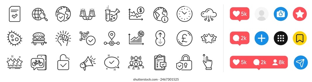 Chemistry lab, Cloud computing and Empower line icons pack. Social media icons. Sconce light, Megaphone, Pound money web icon. Swipe up, Approved, 5g statistics pictogram. Vector