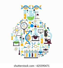 Chemistry lab colored flat composition with isolated colored icon set combined in flask form vector illustration
