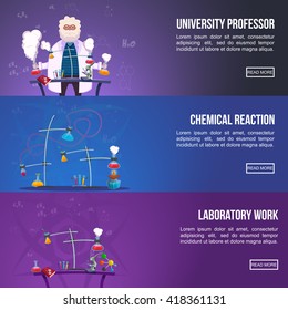 Chemistry Lab Colored horizontal Banner Set with titles university professor chemical reaction and laboratory work vector illustration