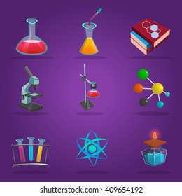 Chemistry lab colored icon set isolated with shadow tubes in different sizes manuals and other accessories vector illustration