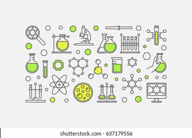Ilustración colorida del laboratorio de química - ciencia vectorial y experimentación con un fondo mínimo hecho con iconos lineales