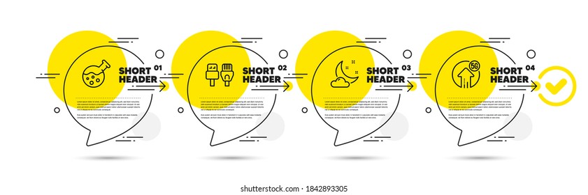 Chemistry Lab, Computer Cables And Night Weather Line Icons Set. Timeline Infograph Speech Bubbles. 5g Upload Sign. Laboratory, Rj45 Internet, Sleep. Fast Wifi. Science Set. Vector