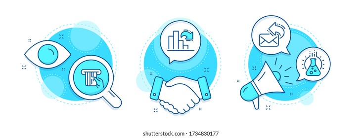 Chemistry lab, Credit card and Decreasing graph line icons set. Handshake deal, research and promotion complex icons. Share mail sign. Laboratory, Atm payment, Column chart. New e-mail. Vector