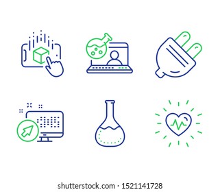 Chemistry Lab, Electric Plug And Online Chemistry Line Icons Set. Augmented Reality, Web System And Heartbeat Signs. Laboratory, Energy, Lab Flask. Phone Simulation. Science Set. Vector