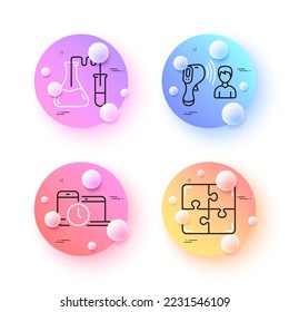 Chemistry lab, Electronic thermometer and Time management minimal line icons. 3d spheres or balls buttons. Puzzle icons. For web, application, printing. Vector