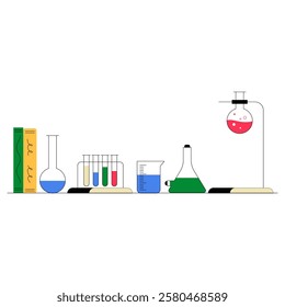 Chemistry Lab Equipment With Books In Flat Vector Illustration Symbolizing Science, Laboratory Research, And Chemistry Studies, Isolated On White Background.