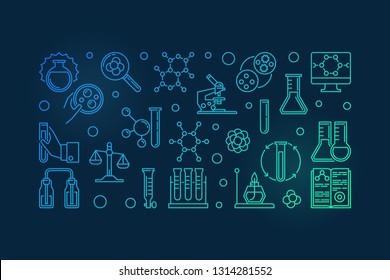 Chemistry Lab Equipment colorful outline horizontal banner - vector Chemistry modern illustration on dark background 