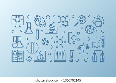 Chemistry Lab Equipment concept outline horizontal banner. Vector linear illustration on blue background