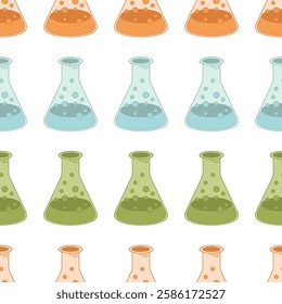 Chemistry lab equipment pattern. Illustration of erlenmeyer flasks, chemistry laboratory supplies pattern. 