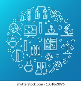 Chemistry Lab Equipment vector concept round outline illustration on blue background