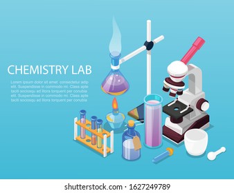 Chemistry lab experiment flat design vector illustration concept. Chemist research laboratory workspace. Chemical reactions research banner with cartoon flasks, beakers, microscope and substances.
