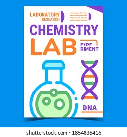 Chemistry Lab Experiment Promotion Poster Vector. Chemistry Research, Laboratory Flask With Chemical Liquid And Dna Spiral Molecule On Advertising Banner. Concept Template Style Color Illustration