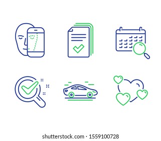 Chemistry lab, Face biometrics and Handout line icons set. Search calendar, Car and Heart signs. Lab research, Facial recognition, Documents example. Find date. Technology set. Vector