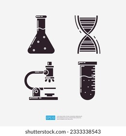 Chemistry lab flask, DNA helix, microscope lens, chemical test tube. Medical and health glyph set icon. Vector Illustration