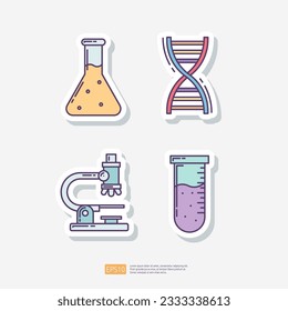 Chemistry lab flask, DNA helix, microscope lens, chemical test tube. Medical and health sticker set icon. Vector Illustration