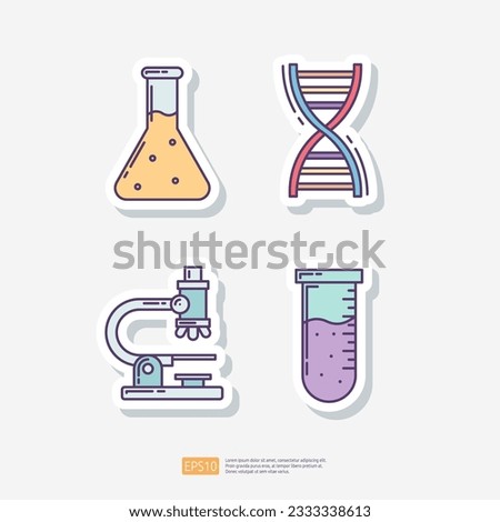 Chemistry lab flask, DNA helix, microscope lens, chemical test tube. Medical and health sticker set icon. Vector Illustration