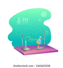 Chemistry lab flat illustration. Laboratory test, research. Scientific glassware isolated clipart. Science experiment vector drawing. Toxic chemical in flask, tube design element. Biochemistry lesson