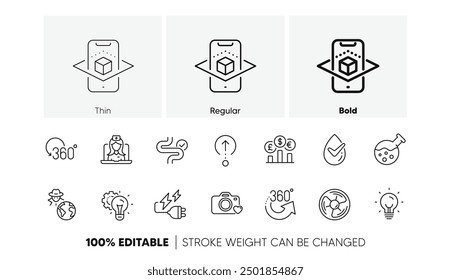 Chemistry lab, Full rotation and Energy line icons. Pack of Dermatologically tested, Telemedicine, Fraud icon. Currency rate, 360 degrees, Air fan pictogram. Idea gear, Swipe up, Digestion. Vector