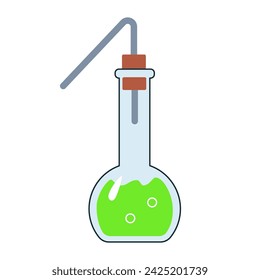 Chemistry lab glass beaker with green liquid isolated on white background. Vector Hand drawn doodle landing page of chemistry, biology, medical research. 