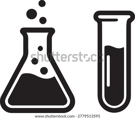 Chemistry lab glassware vector icon set, black solid erlenmeyer flask and test tube symbols for science research, medical laboratory, and education.