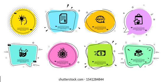 Chemistry lab, Hold box and Creativity line icons set. Chat bubbles with quotes. Loyalty points, Attachment and Idea signs. Money transfer, Gear symbols. Laboratory, Delivery parcel. Vector