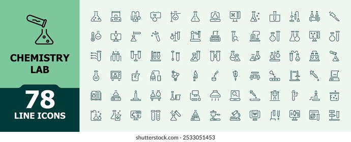 Conjunto de iconos de laboratorio de química. Contiene vaso de precipitados, experimento, microscopio, tubo de ensayo, laboratorio, molécula y más. Colección de iconos vectoriales de línea. Ilustración vectorial.